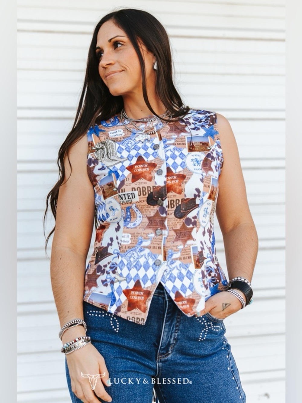 Lucky & Blessed Collage Western Printed Button Down Vest Tie Back